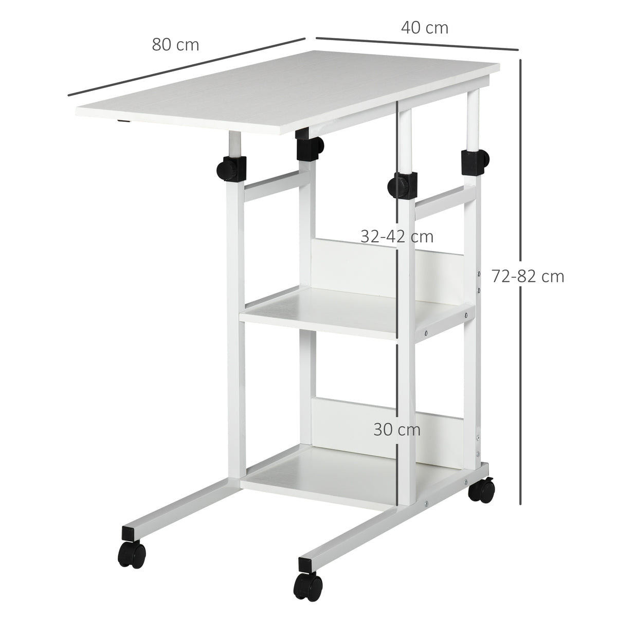 Mesa Lateral para Sofá Mesa lateral em Forma de C com 4 rodas Giratórias Freios Altura Ajustável 3 níveis Estrutura Metálica 80x40x72-82cm Branco — foto 3