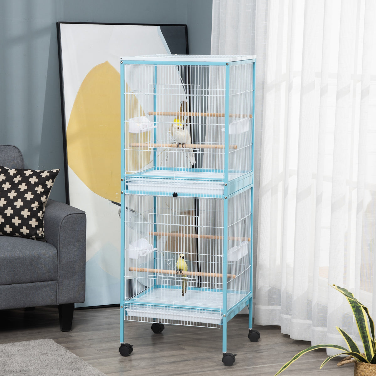 Gaiola para Pássaros com Rodas Gaiola Grande de 2 Níveis com Bandejas Removíveis Portas Comedouros Poleiros para Canários Periquitos 51,5x50x140 cm Azul e Branco — foto 2