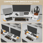 Suporte para Monitor com Ângulo e Comprimento Ajustável Suporte para Monitor com 2 Gavetas para Escritório Suporte para Monitor Portátil 60-116x22x12 cm Branco — foto 4