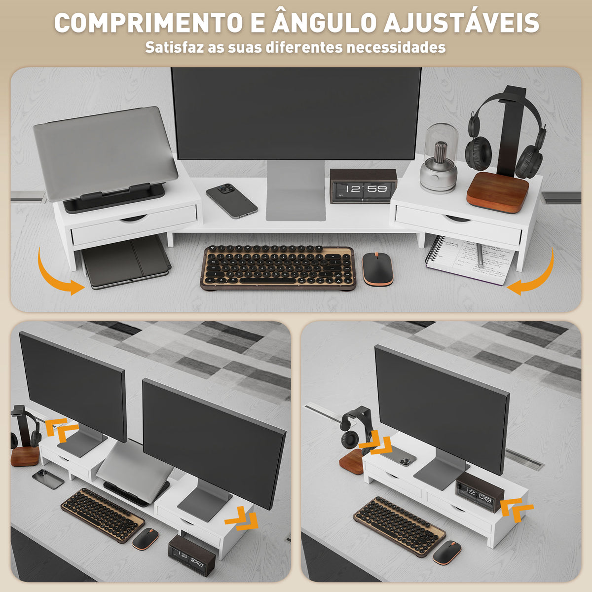 Suporte para Monitor com Ângulo e Comprimento Ajustável Suporte para Monitor com 2 Gavetas para Escritório Suporte para Monitor Portátil 60-116x22x12 cm Branco — foto 4