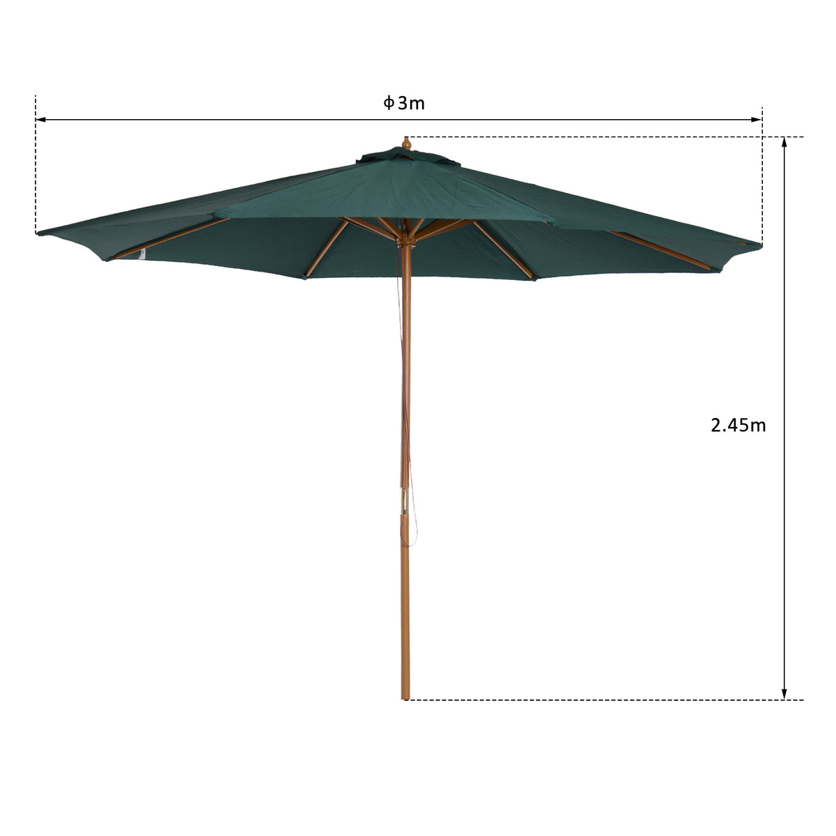 Chapéu de Sol Ø300x250cm Chapéu de Sol com Mastro de Madeira com 8 Hastes Sistema de Polia com Fixação para Jardim Pátio Terraço Verde — foto 3