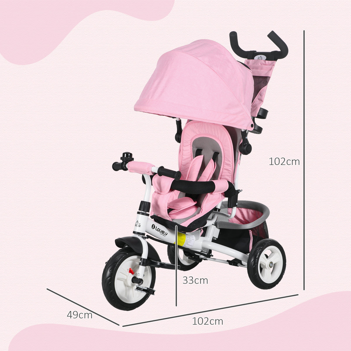 Triciclo para Bebés Triciclo Evolutivo para Crianças de +12 Meses com Capota Dobrável Guiador Telescópico e Removível Bolsa e Porta-Garrafas 102x49x102 cm Rosa — foto 3