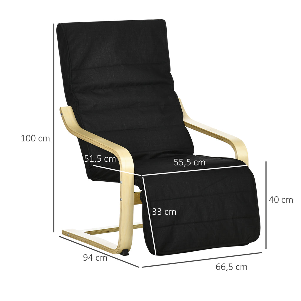Poltrona de Sala de Estar com Apoio para os Pés Ajustáveis Poltrona para Dormitório Estofada em Tecido com Estrutura de Madeira Carga 120 kg para Escritório Estúdio 66,5x94x100 cm Preto — foto 3
