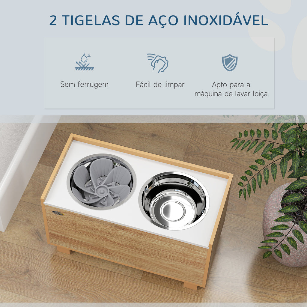 Comedouro para Cães Elevado com Sistema de Alimentação Lento Amovível e Espaço de Arrumação Comedouro com 2 Tigelas de 2L de Aço Inoxidável para Cães Grandes 60x30x35,5 cm Madeira — foto 7