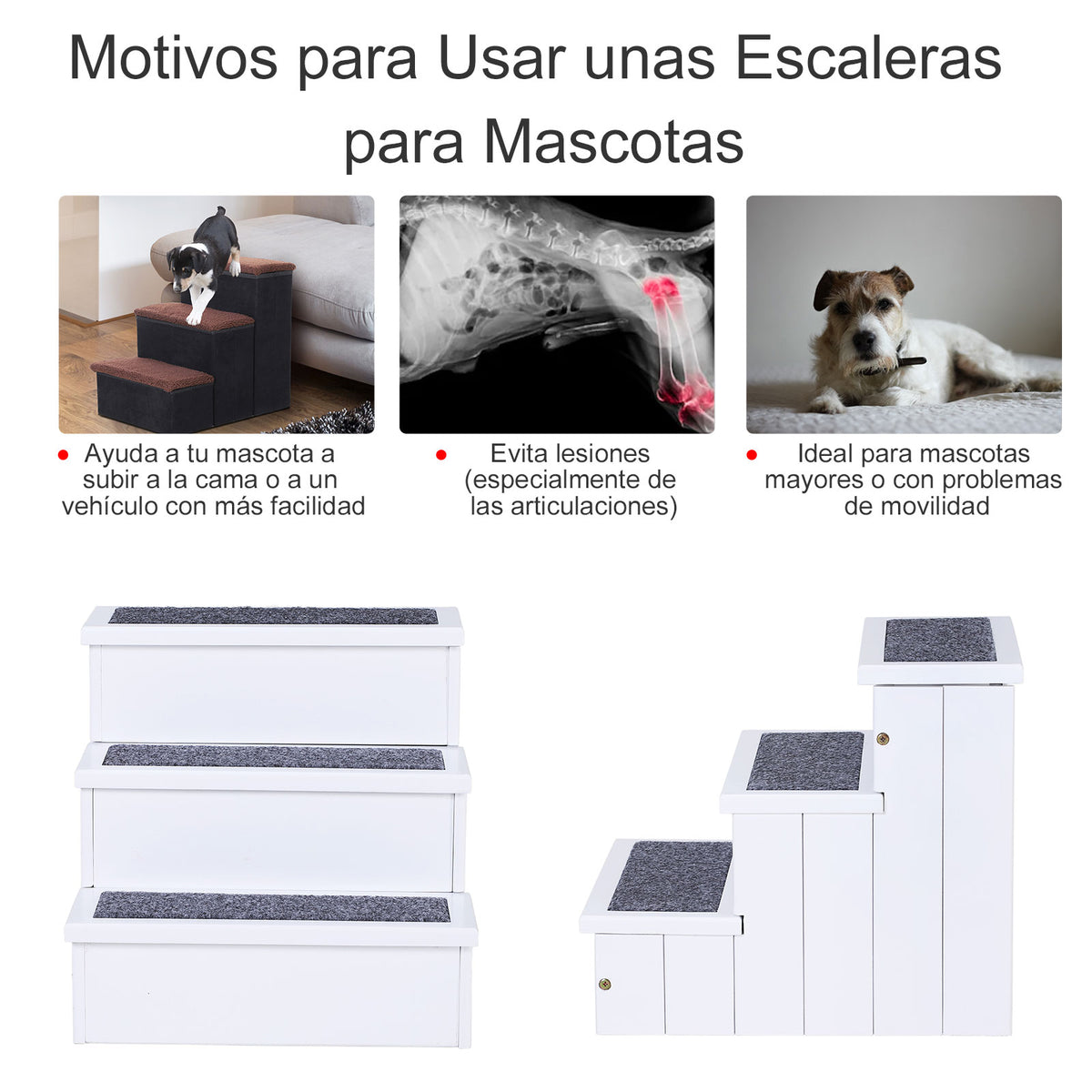 Escada para Animais de Estimação de 3 Degraus com Armazenamento e Tapete Antiderrapante Portátil Carga Máxima 30kg 40,5x44,5x38 cm Branco — foto 5