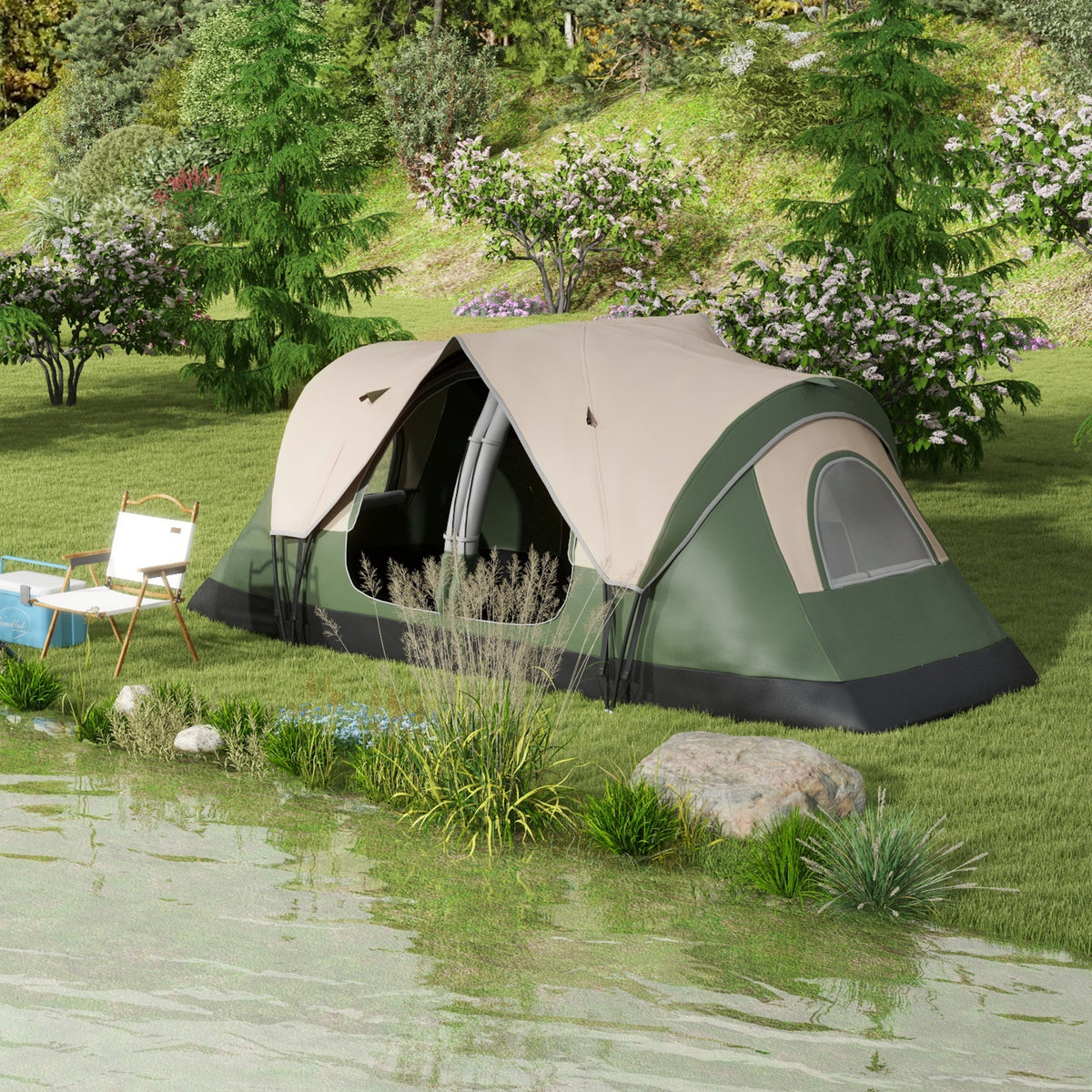 Tenda de Campismo Familiar para 4-5 Pessoas Tenda de Campismo Dobrável com 2 Quartos e Bolsa de Transporte Impermeável para Trekking 450x215x180 cm Verde — foto 2