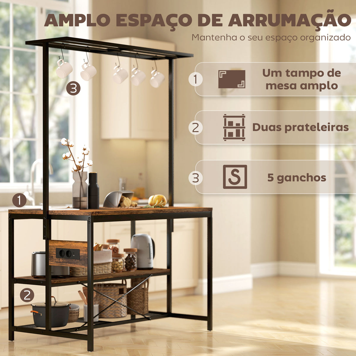 Estante de Cozinha com Tomada de Corrente Estante de Cozinha Estilo Industrial com Prateleiras Ganchos Móvel Auxiliar para Sala de Jantar 116x70x182 cm Marrom Rústico — foto 5