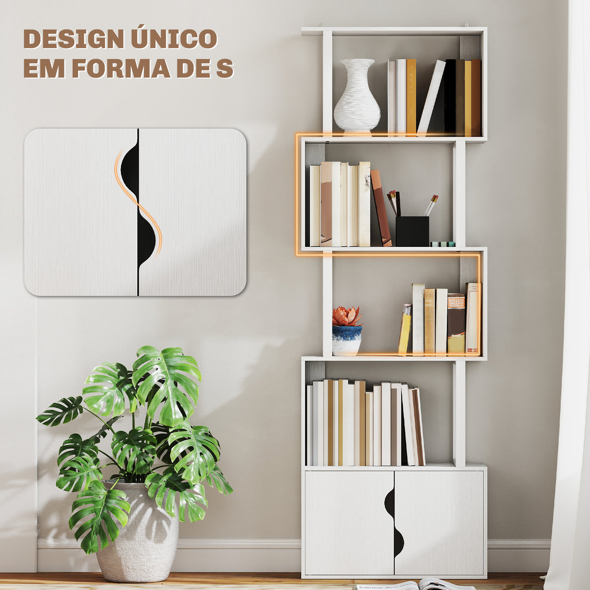 Estante de 5 Níveis em Forma de S Estante de Livros com 5 Prateleiras e 2 Portas para Sala de Estar Escritório Estúdio Dormitório 60x23,8x179,2 cm Branco — foto 5