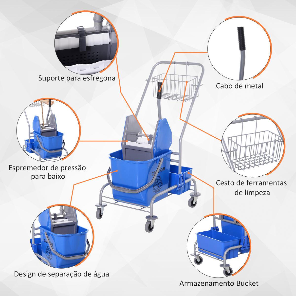 Carro de Limpeza Profissional Balde de Esfregona com Rodas Balde Removível de 25 Litros Espremedor de Pressão Cesto e Cubeta 72x49,5x95 cm Azul — foto 4
