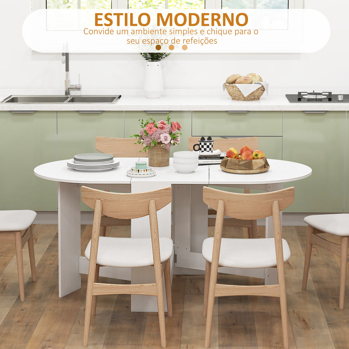 Mesa de Cozinha Dobrável Mesa de Jantar Dobrável Ovalada com Laterais Abatíveis Estilo Moderno 163x80x75 cm Branco — foto 5