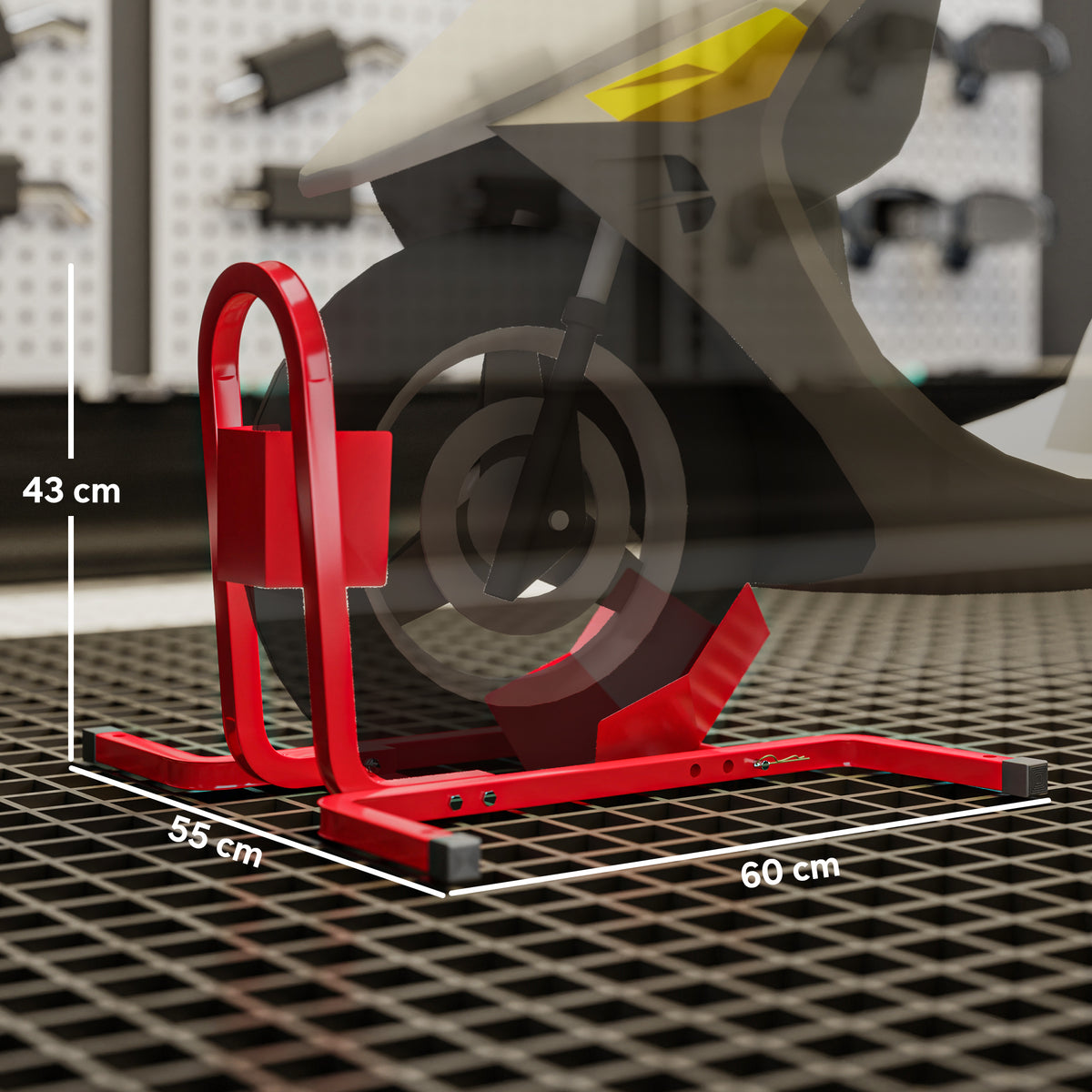 Suporte para Mota Carga 250 kg Suporte para Roda Dianteira de Moto Ajustável em 3 Níveis de Metal Robusto para Rodas ∅43, 48, 53 cm Vermelho — foto 3