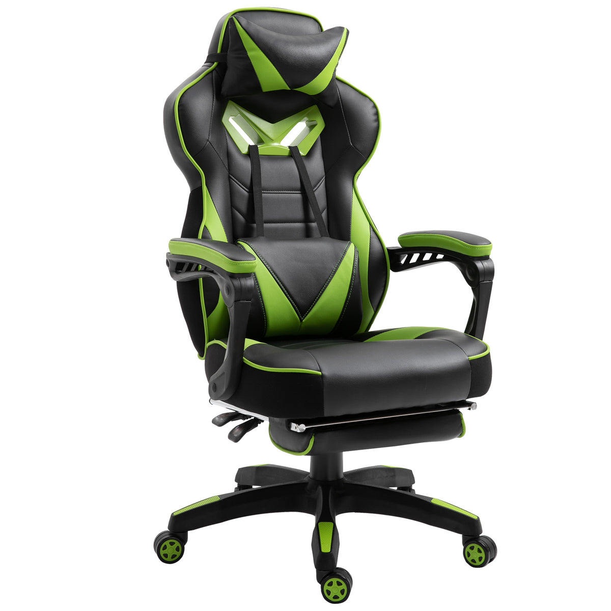 Cadeira de escritorio gaming ergonômica Altura ajustável Reclinável Encosto com apoio para pés Encosto de cabeça Almofada lombar Rodas 65x70x118,5-126,5 cm Verde e Preto — foto 1