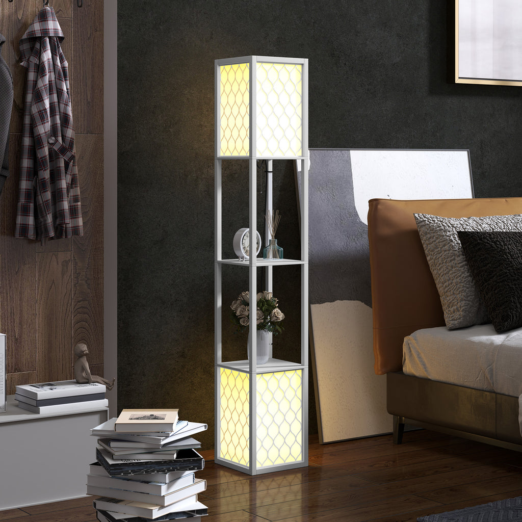 Candeeiro de Pé de Madeira Candeeiro de Pé com Estantes Lâmpada E27 Máx. 40W com Interruptor para Sala de Estar Dormitório Escritório 26x26x156 cm Branco — foto 2