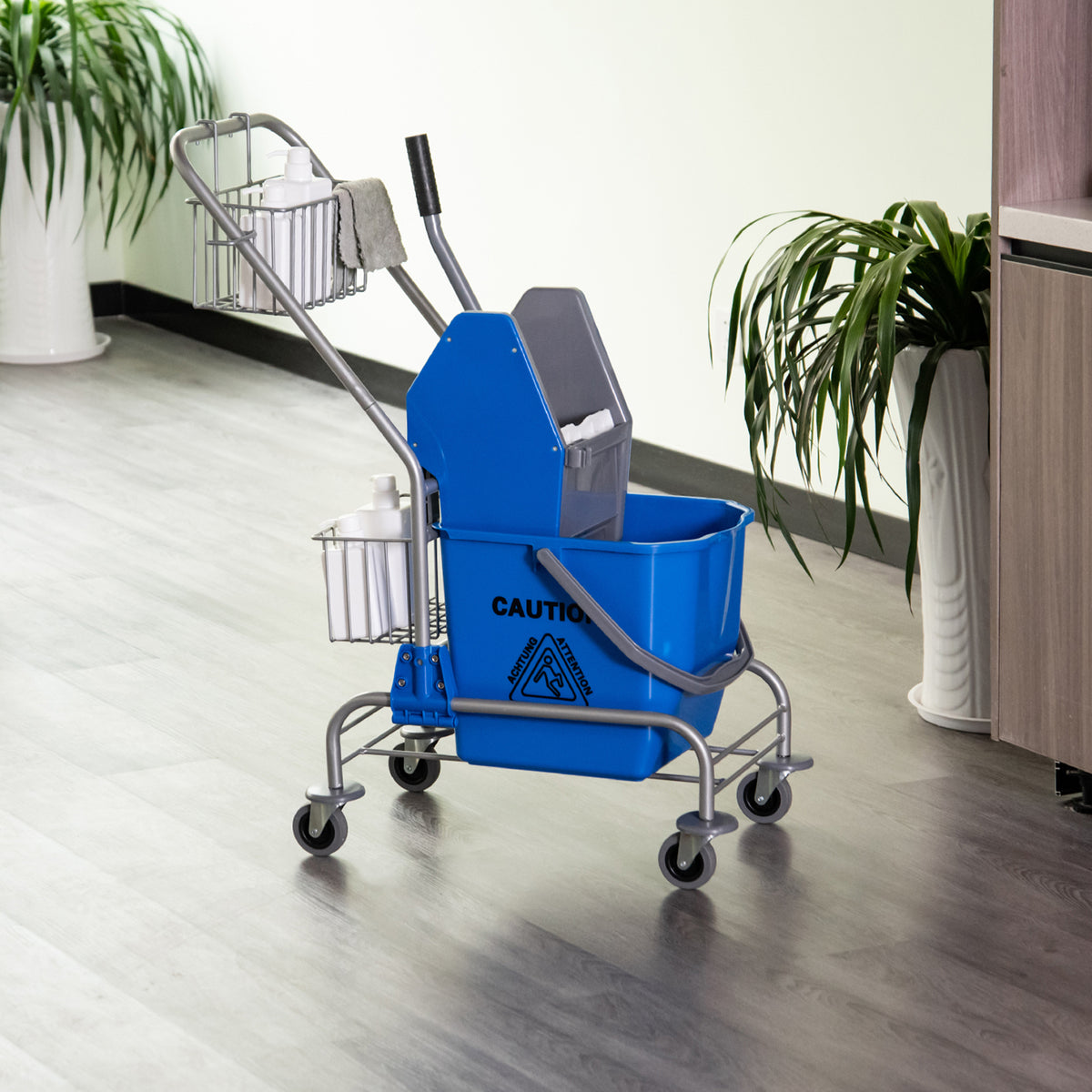 Carro de Limpeza Balde para Esfregona com Escorredor a Pressão Rodas e Cesto de Armazenamento Capacidade 26L 73x45x95 cm Azul — foto 2