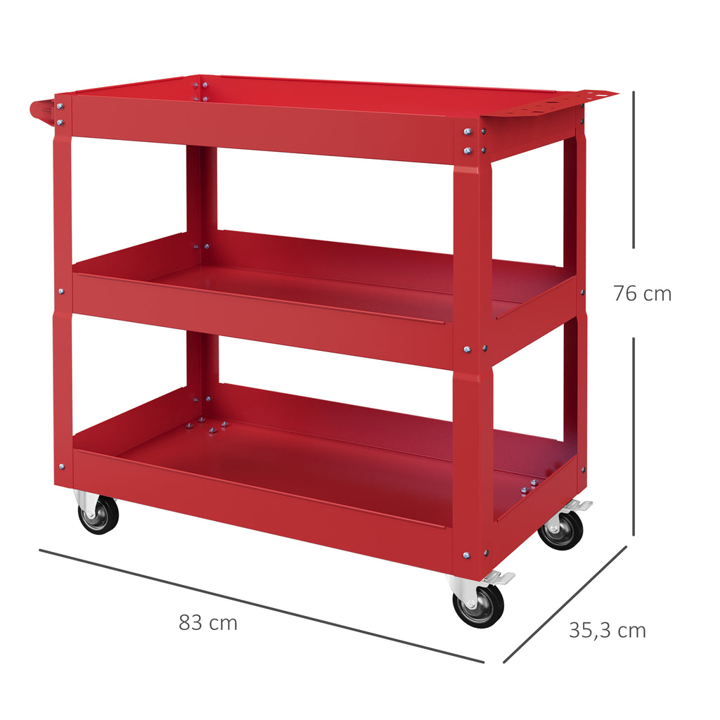 Carrinho de Ferramentas com Rodas Carro de Ferramentas de Oficina de Aço com 3 Prateleiras de Armazenamento e Alça Lateral para Garagem Oficina Carga Máxima 150kg 83x35,3x76 cm Vermelho — foto 3