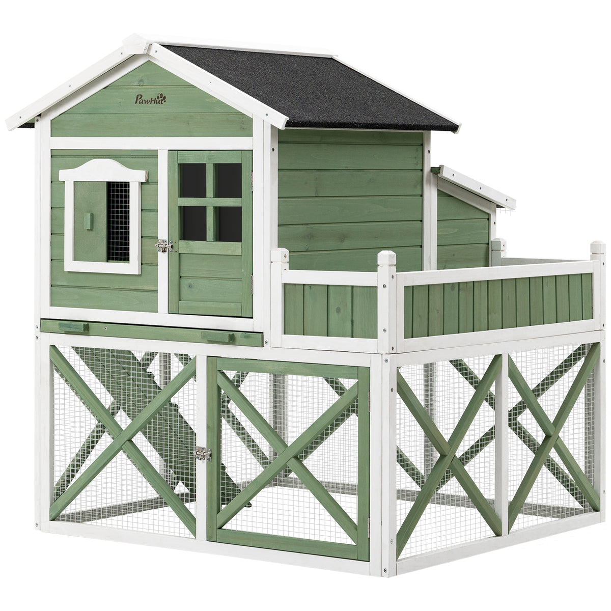 Galinheiro de Madeira Exterior Gaiola para 2 Galinhas com Grade de Arame Floreira para Cultivo Ninho Teto Asfáltico Bandeja Removível e Rampa 110x109x124cm Verde — foto 1
