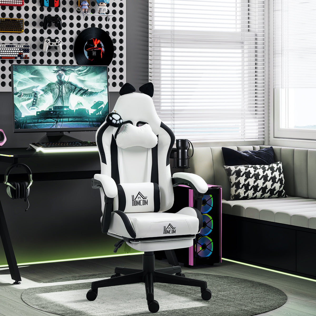 Cadeira Gaming com Orelhas Cadeira Gamer Reclinável com Altura Ajustável Apoio para os Pés Retrátil Suporte Lombar e Apoio para a Cabeça Desmontável Cadeira para Escritório 65x62x116-124 cm Branco — foto 2