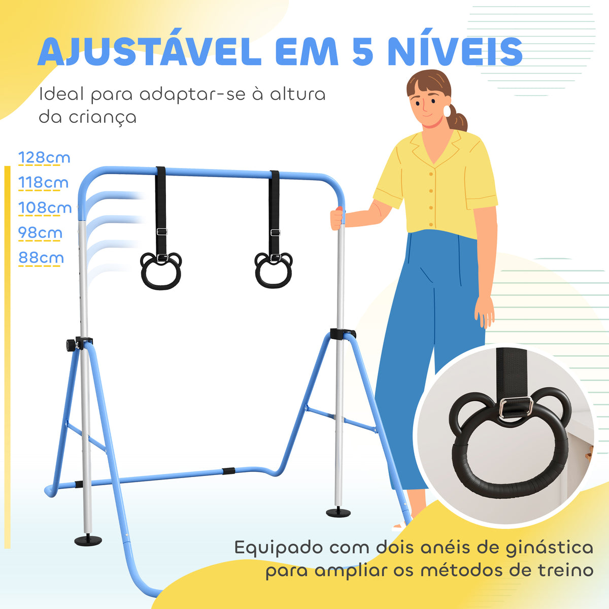 Barra de Ginástica para Crianças com Altura Ajustável em 5 Níveis e Anéis Barra de Treino de Ginástica Dobrável 148x105x88-128 cm Azul — foto 4