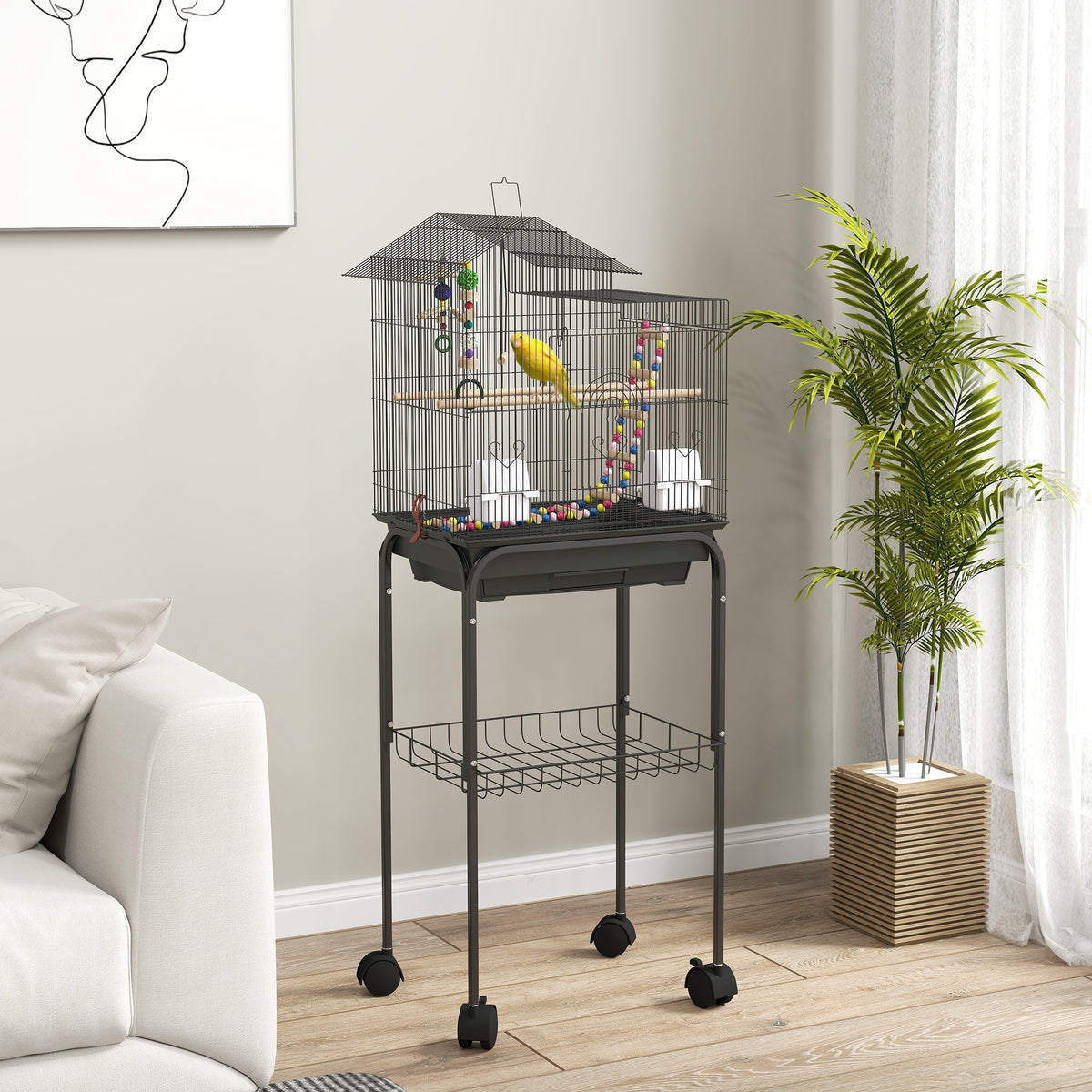 Gaiola para Passáros Gaiola de Metal com Múltiplas Portas 4 Comedouros 3 Poleiros Baloiço Escadas e Bandeja Removível para Periquitos Canários 46x36x120 cm Preto — foto 2