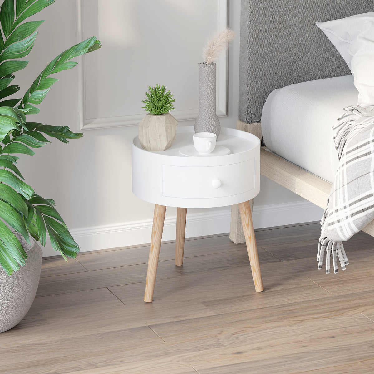Mesa de Cabeceira com 1 Gaveta Mesa Auxiliar Redonda com Borda Elevada e 3 Pés de Madeira para Dormitório Sala de Estar Estilo Moderno Ø38x45 cm Branco — foto 2