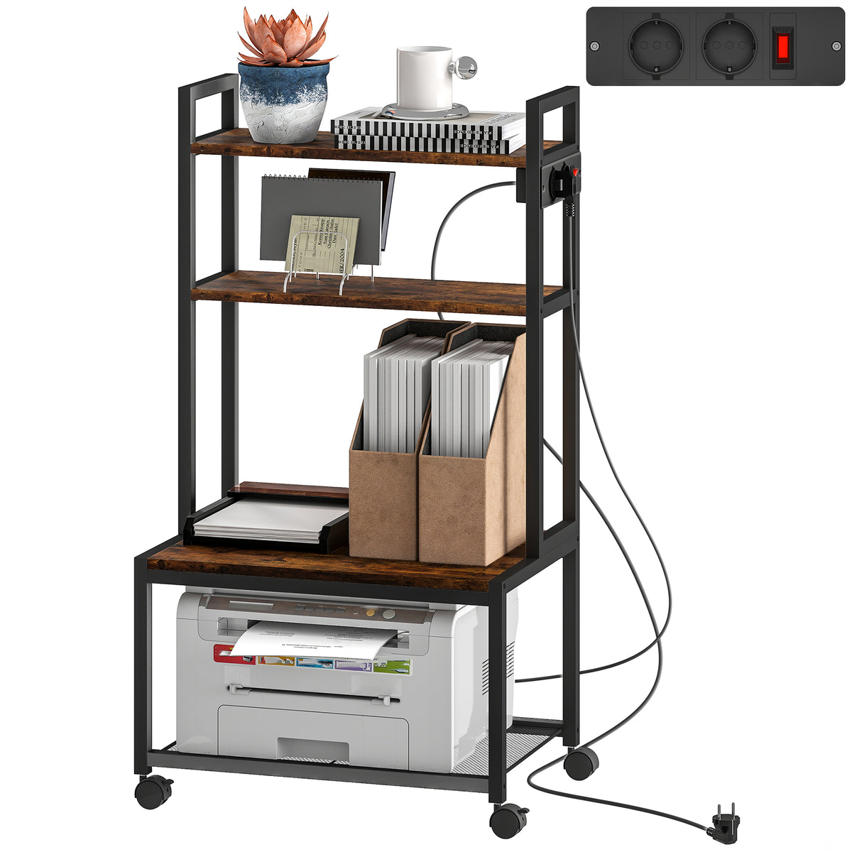 Suporte para Impressora com Estação de Carregamento Móvel para Impressora de 4 Níveis com Rodas e Estrutura Metálica para Escritório Casa 55x37,5x100 cm Castanho Rústico — foto 1