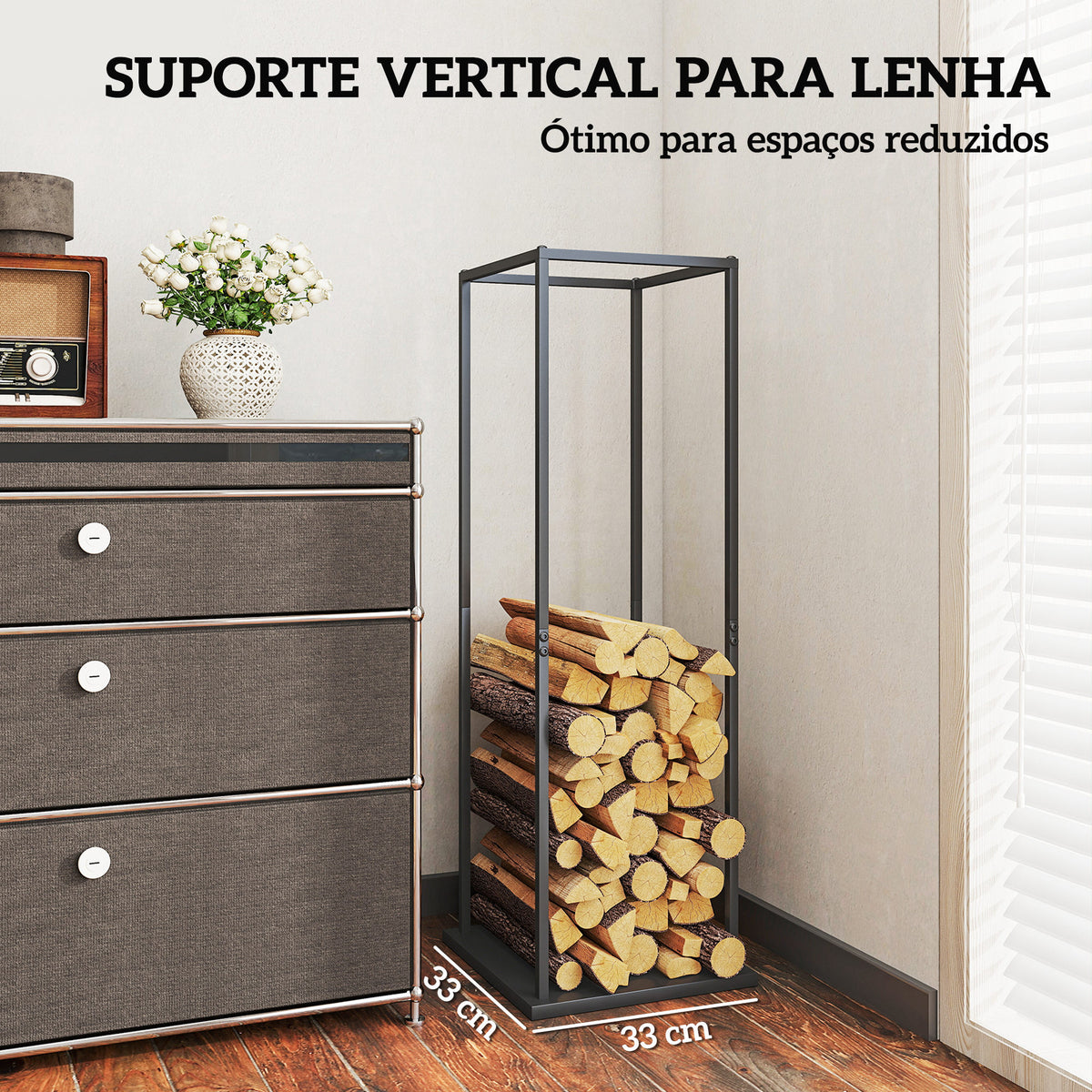 Suporte para Lenha Metálico para Interior e Exterior com Base Elevada Capacidade de 100 kg 33x33x110 cm Preto — foto 6