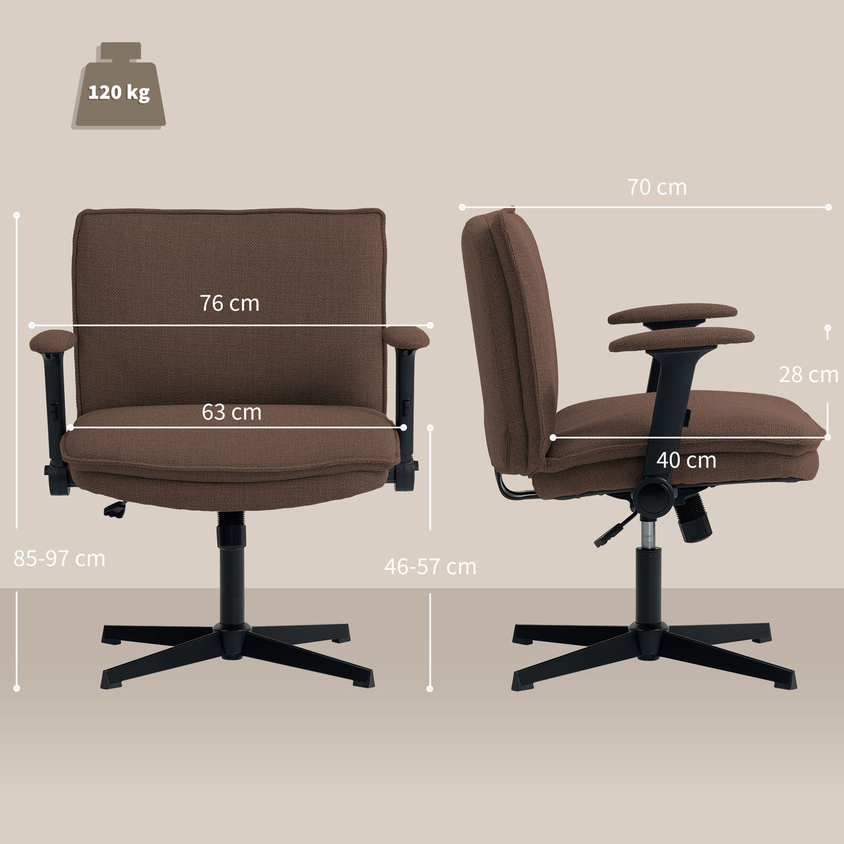 Cadeira de Escritório Cadeira de Secretária com Apoios de Braço Rebatíveis Assento Largo sem Rodas Altura Ajustável Giratória Função Basculante e Estofada em Linho 76x70x85-97 cm Castanho — foto 3