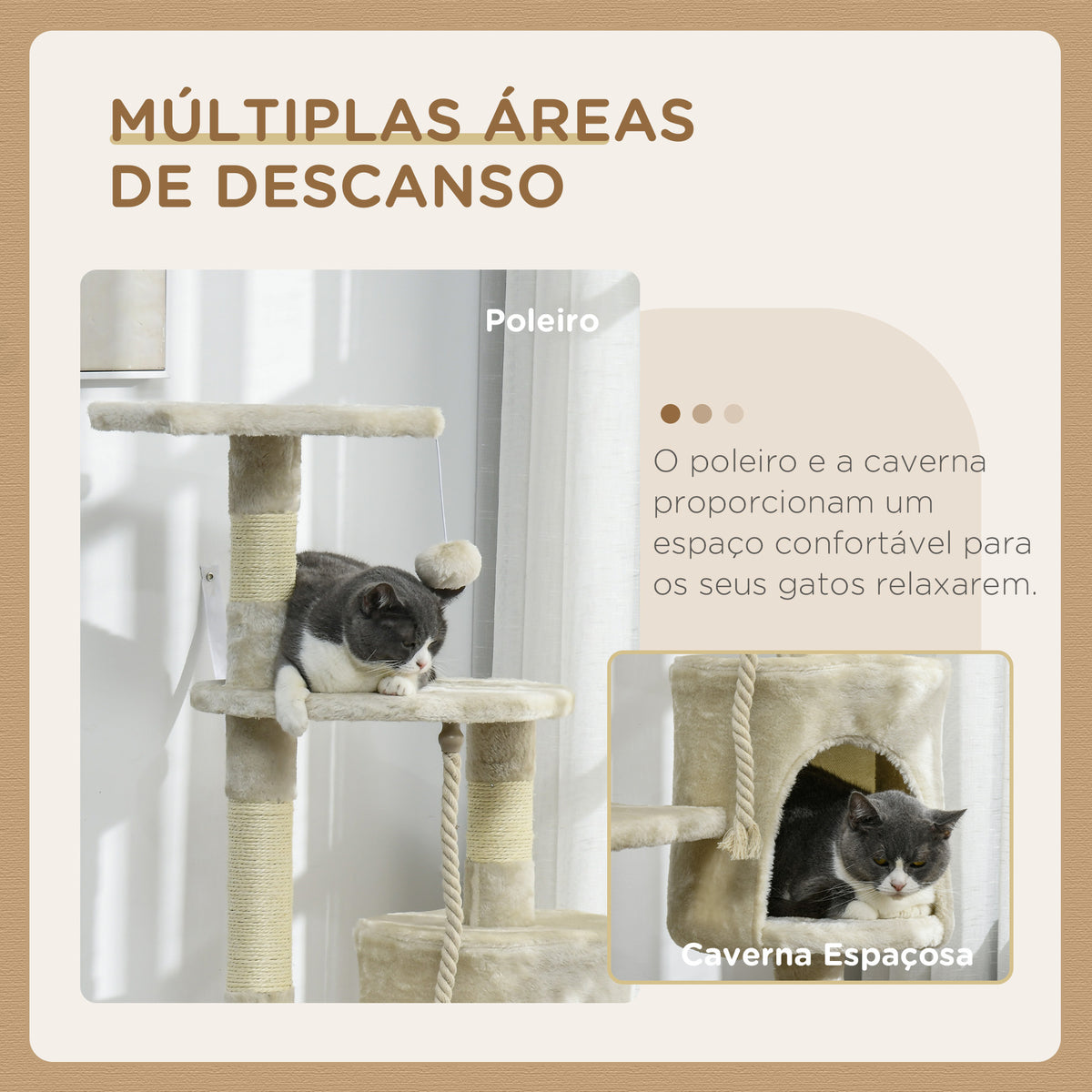 Árvore Arranhador para Gatos 112 cm com 4 Níveis Poste de Sisal Caverna Espaçosa Múltiplas Plataformas e Brinquedos Divertidos 75x40x112 cm Bege — foto 6
