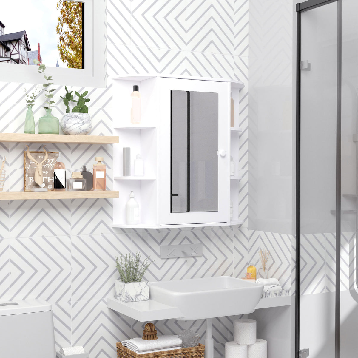 Armário de Casa de Banho com Espelho Móvel Suspenso de Casa de Banho com 1 Porta 2 Prateleiras Interiores e 6 Prateleiras Laterais para Sala de Estar Cozinha Dormitório 66x17x63cm Branco — foto 2