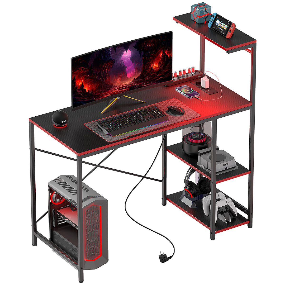 Secretária Gaming com Luzes LED 100x50 cm Secretária Gaming de Fibra de Carbono com Tomadas de Corrente Prateleiras e Controlo Remoto para Escritório Preto — foto 1