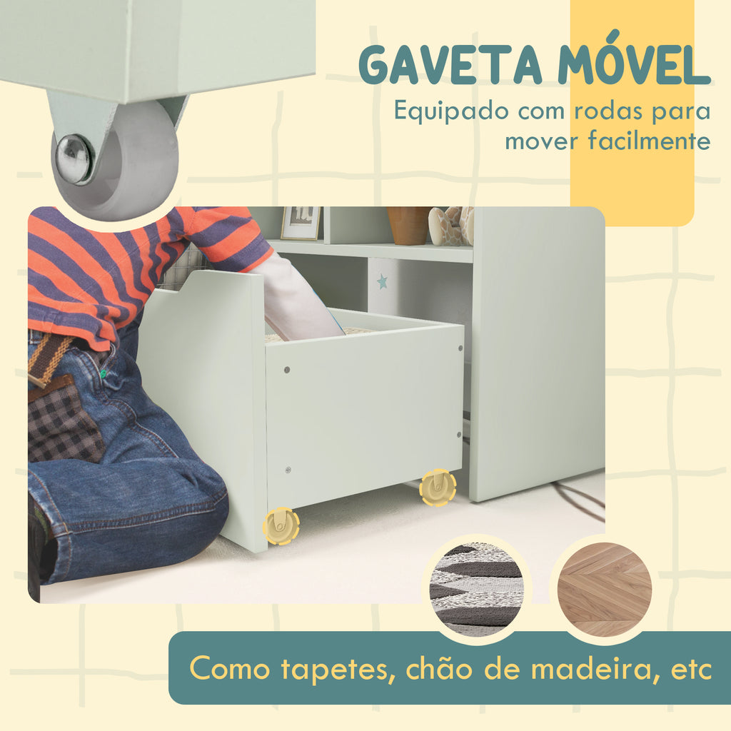 Estante de Madeira para Brinquedos com 3 Compartimentos 2 Prateleiras e Gaveta Móvel com 4 Rodas Estante para Livros Infantil para Dormitório Infantil Sala de Jogos 60x29,9x90 cm Verde — foto 6