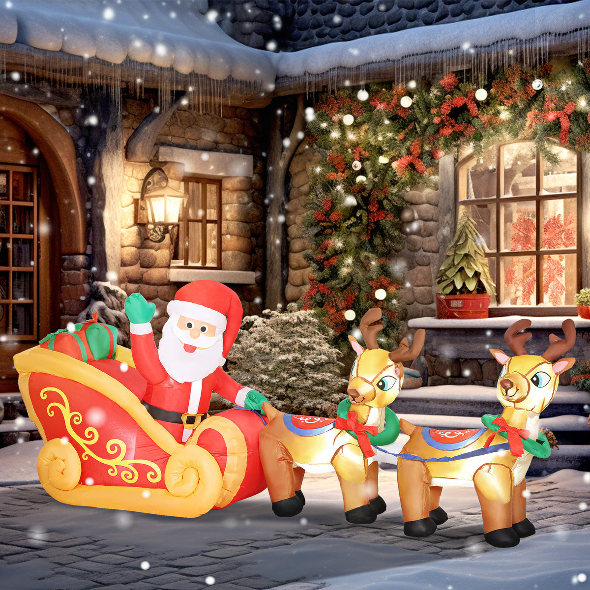 Pai Natal Insuflável com Trenó e Renas Insufláveis de Natal com Luzes LED Decoração de Natal para Exterior e Interior 240x75x100 cm Multicor — foto 2