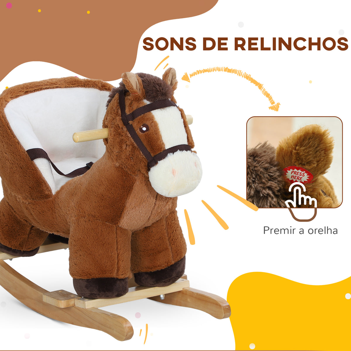 Cavalo Baloiço para Crianças de 18-36 Meses Cavalo Baloiço de Brincar com Sons Cinto de Segurança e Base de Madeira Carga 25 kg 68x33x45 cm Marrom — foto 4