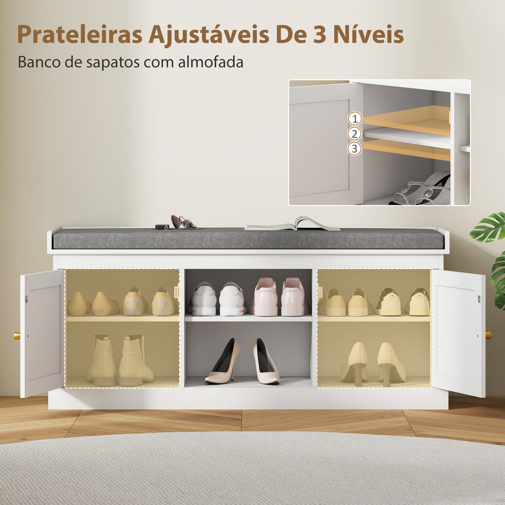Banco Sapateira Móvel Sapateira Boémio com Assento Acolchoado Portas com Frente em Vime Prateleira Aberta Prateleira Ajustável para 9 Pares de Sapatos para Entrada 105x35x47 cm Branco — foto 7