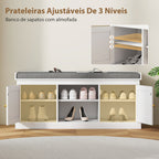 Banco Sapateira Móvel Sapateira Boémio com Assento Acolchoado Portas com Frente em Vime Prateleira Aberta Prateleira Ajustável para 9 Pares de Sapatos para Entrada 105x35x47 cm Branco — foto 7