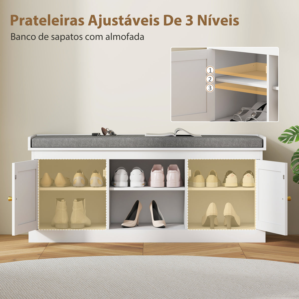 Banco Sapateira Móvel Sapateira Boémio com Assento Acolchoado Portas com Frente em Vime Prateleira Aberta Prateleira Ajustável para 9 Pares de Sapatos para Entrada 105x35x47 cm Branco — foto 7