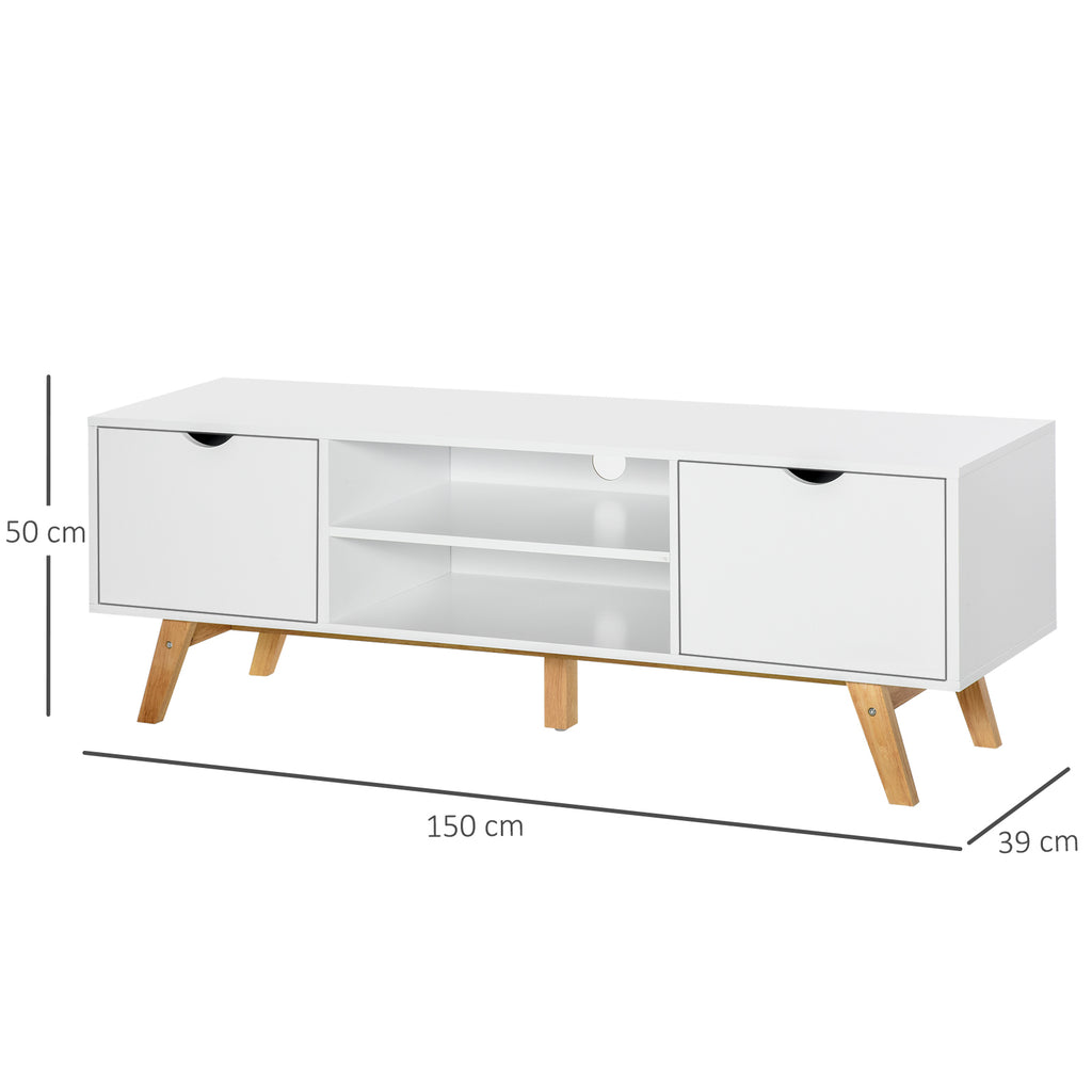 Móvel de TV para Televisores de até 65 Polegadas Móvel de TV com 2 Armários Prateleiras Abertas Puxador Oco Pés de Madeira de Borracha e Orifício Passa Cabos 150x39x50 cm Branco e Madeira — foto 3