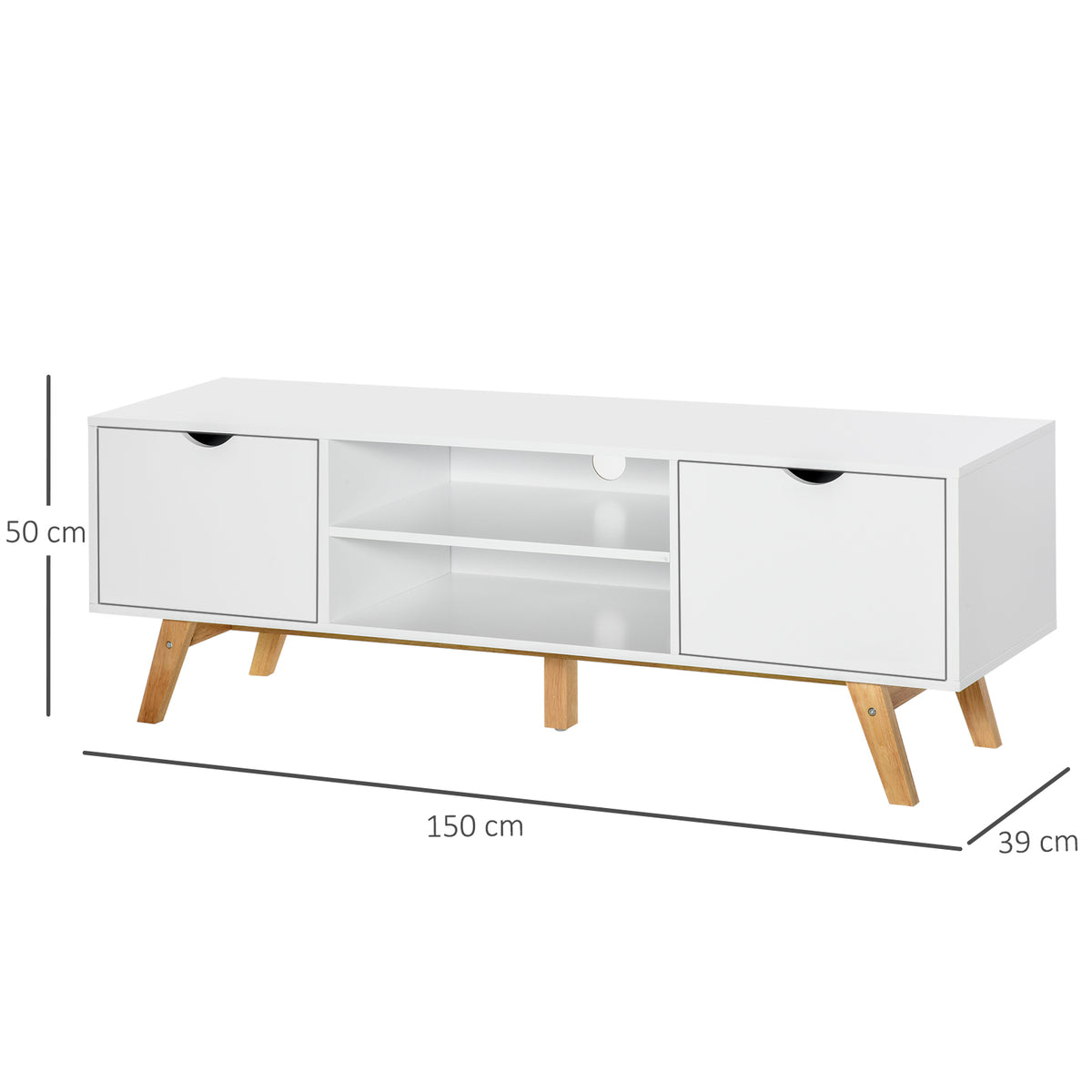 Móvel de TV para Televisores de até 65 Polegadas Móvel de TV com 2 Armários Prateleiras Abertas Puxador Oco Pés de Madeira de Borracha e Orifício Passa Cabos 150x39x50 cm Branco e Madeira — foto 3
