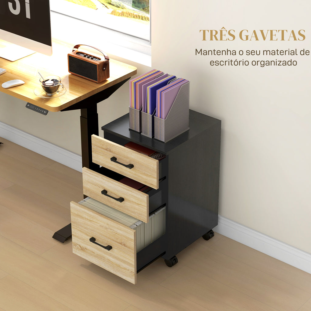 Bloco de Gavetas de Escritório Móvel de Arquivos com 4 Rodas 3 Gavetas para Tamanho A4 Carta para Secretária 40x42x65 cm Carvalho e Preto — foto 4