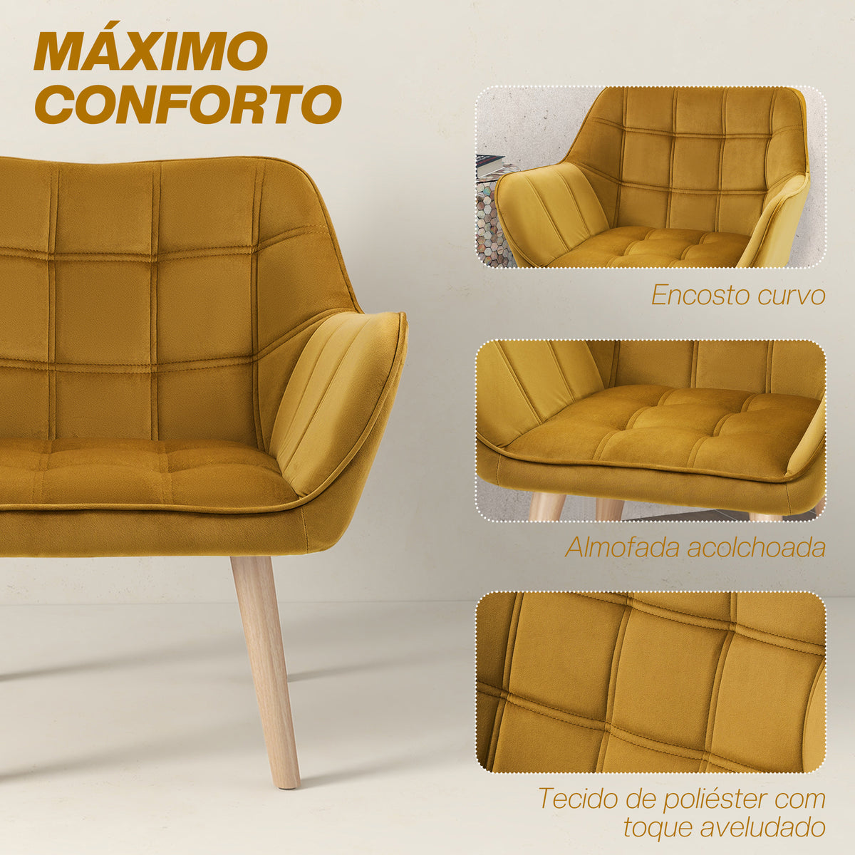 Poltrona Moderna Poltrona de Leitura Estofada em Veludo com Assento Amplo Pés em Madeira Poltrona Relax para Sala de Estar Quarto 67x61,5x71 cm Amarelo — foto 4