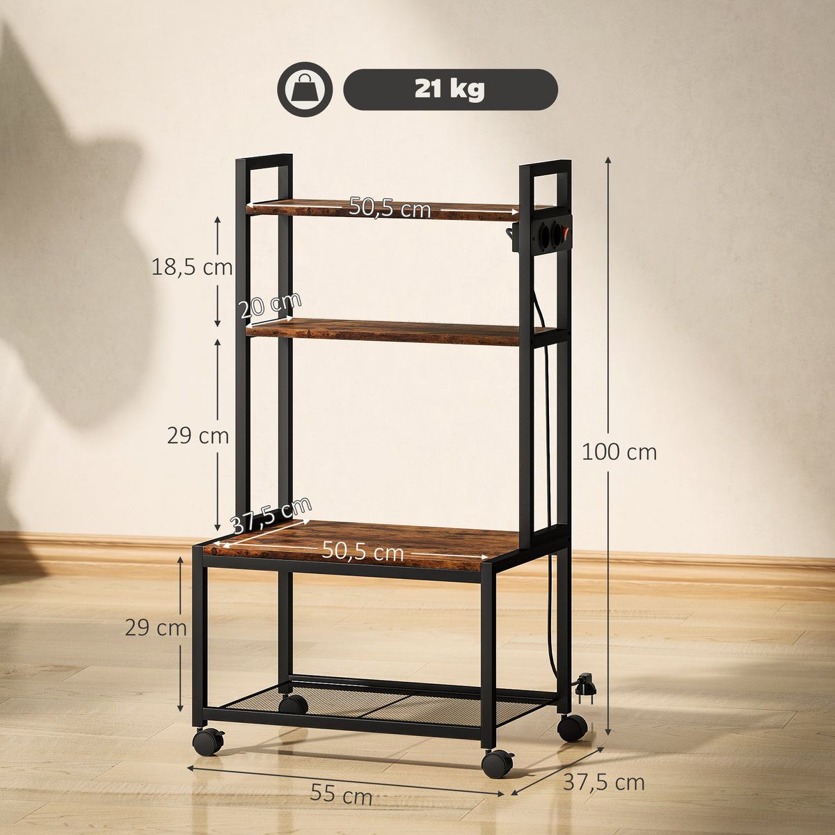 Suporte para Impressora com Estação de Carregamento Móvel para Impressora de 4 Níveis com Rodas e Estrutura Metálica para Escritório Casa 55x37,5x100 cm Castanho Rústico — foto 3