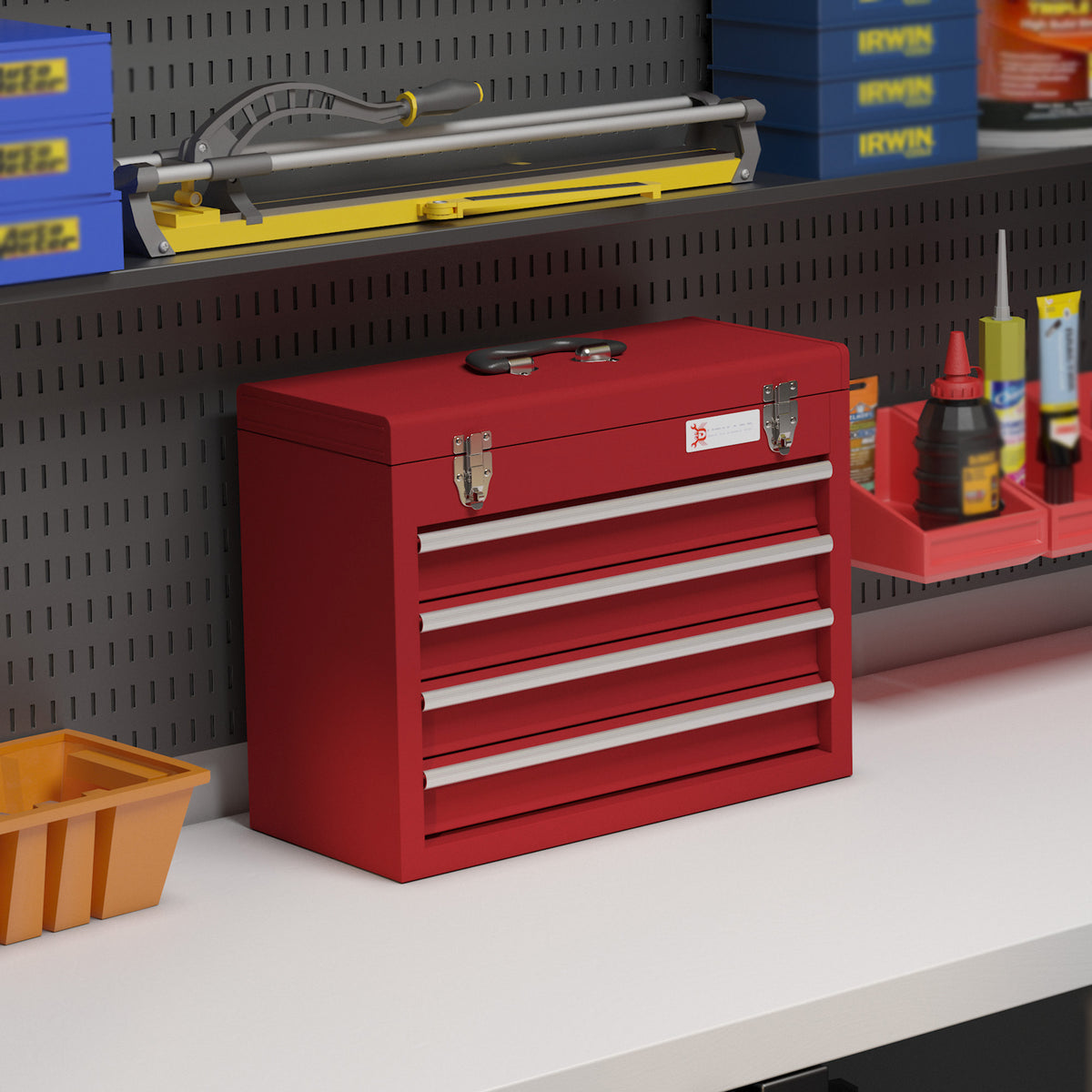 Caixa de Ferramentas de Aço com 2 Gavetas Tampa Abatível e Fechaduras Metálicas Mala de Ferramentas Portátil para Oficina Bricolage Casa 51x22x39,5 cm Vermelho — foto 2