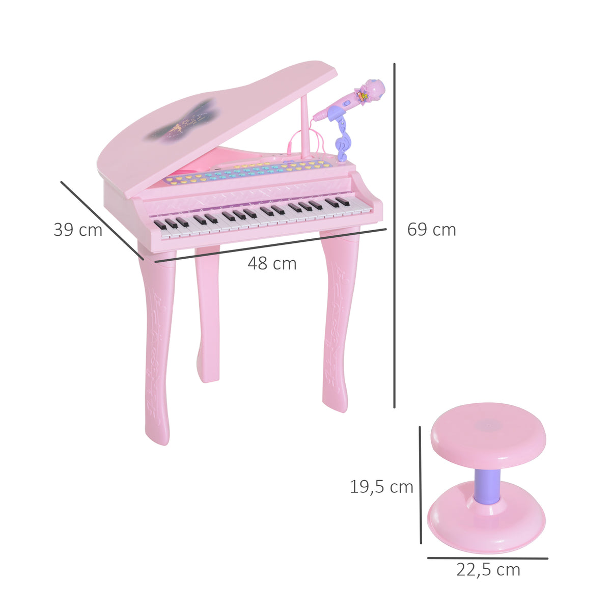 Piano para Crianças com 37 Teclas Piano Infantil com Microfone Banco Luzes 22 Músicas e Entrada para MP3 e USB 48x39x69 cm Rosa — foto 3