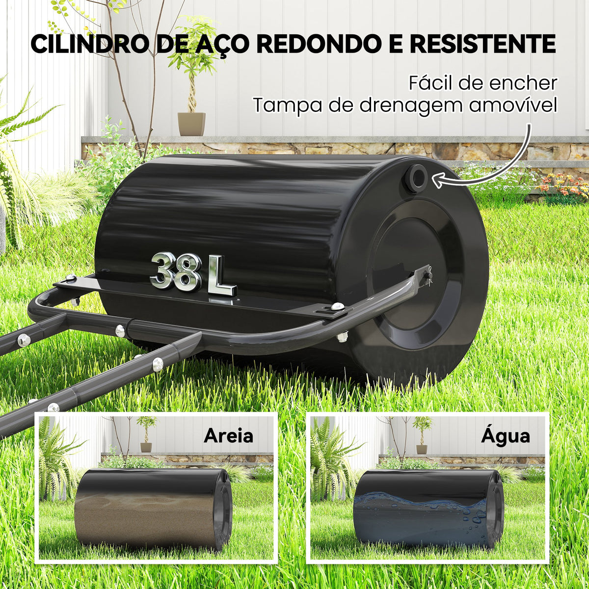 Rolo para Relva Largura 58cm Ø32cm Rolo para Relvado 38L Preenchível de Areia ou Água com Guiador em U para Jardim Preto — foto 4
