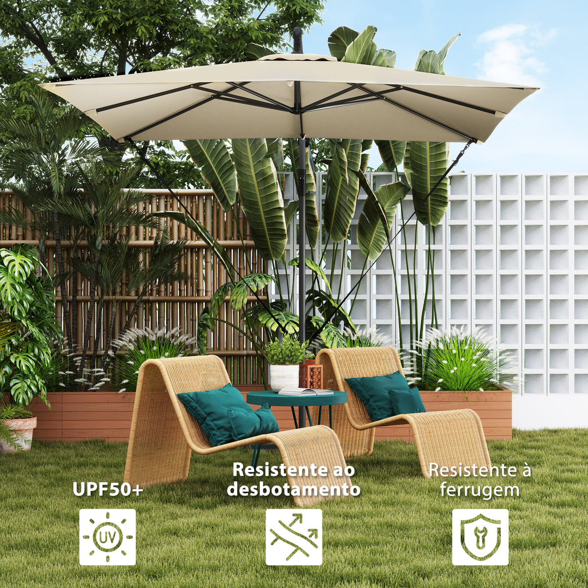Chapéu de Sol Excêntrico 247x247 cm Chapéu de Sol de Jardim com Base Cruzada Capa Ajustável Manivela Capa Protetora e Corda de Vento Anti-UV 50+ Chapéu de Sol para Varanda Caqui — foto 5