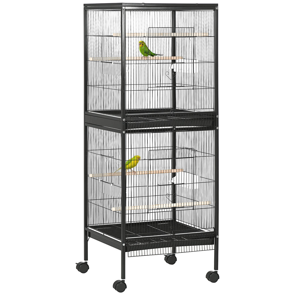 Gaiola para Pássaros com Rodas Gaiola Grande de 2 Níveis com Bandejas Removíveis Portas Comedouros Poleiros para Canários Periquitos 51,5x50x140 cm Preto — foto 1