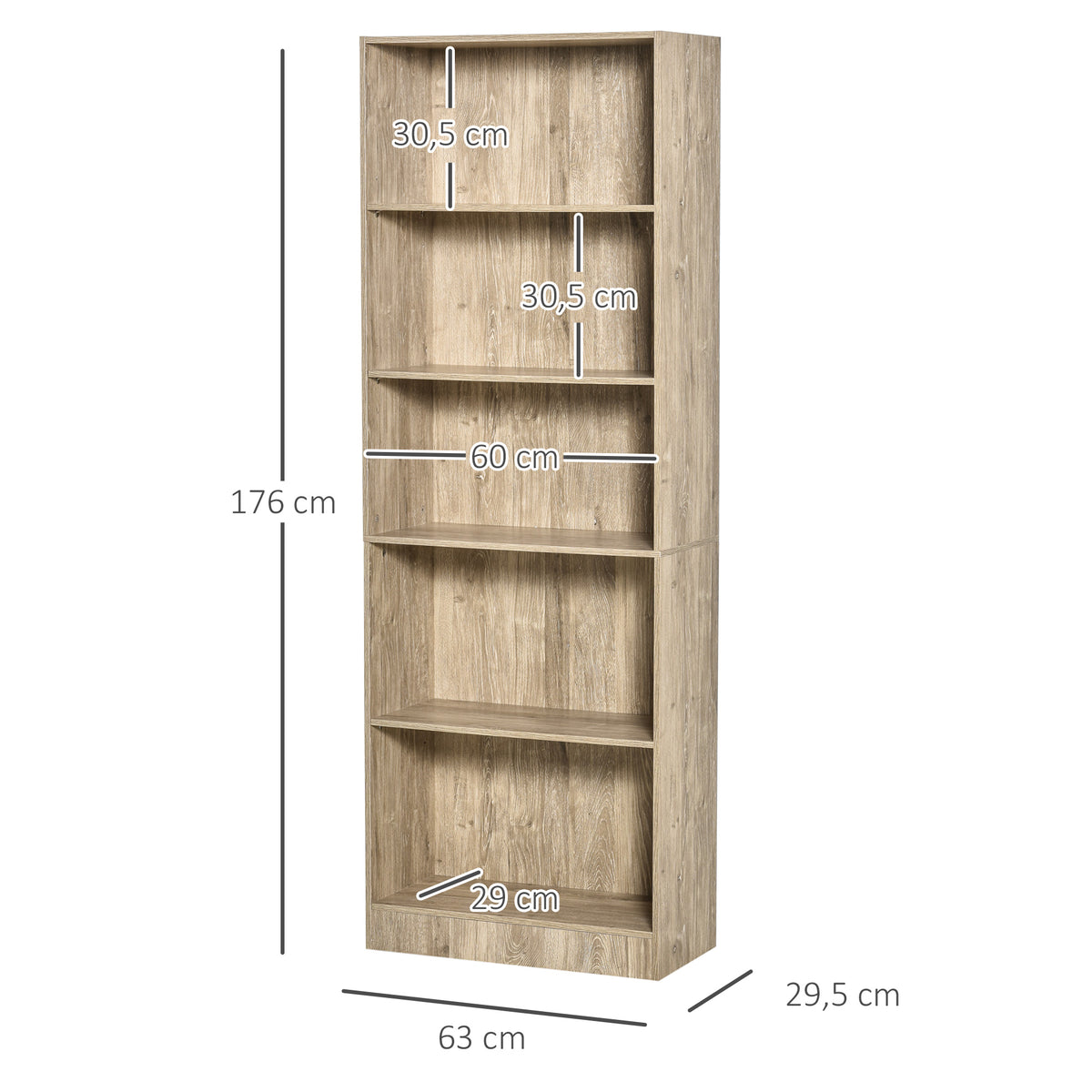 Estante para Livros de 5 Níveis com Prateleira Ajustável e Desenho Anti-Tombo Estante de Armazenamento para Sala de Estar Estúdio Escritório 63x29,5x176 cm Madeira — foto 3