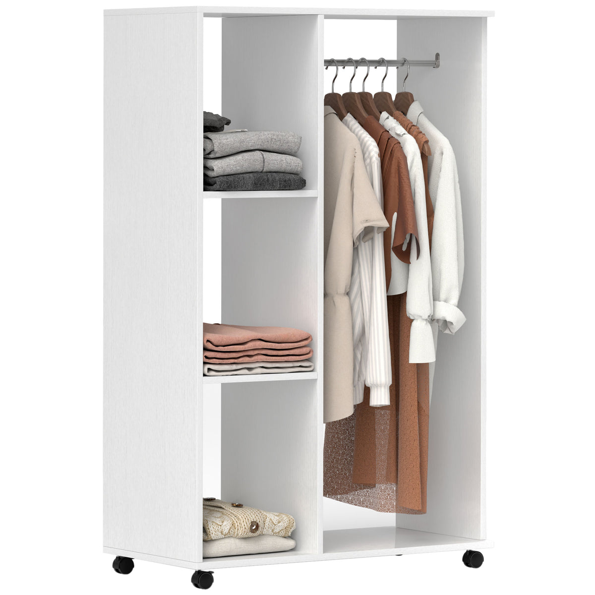 Roupeiro de Madeira Móvel Armário Roupeiro Aberto com Barra para Pendurar e 3 Prateleiras Organizadoras para Dormitório 80x40x128cm Branco — foto 1