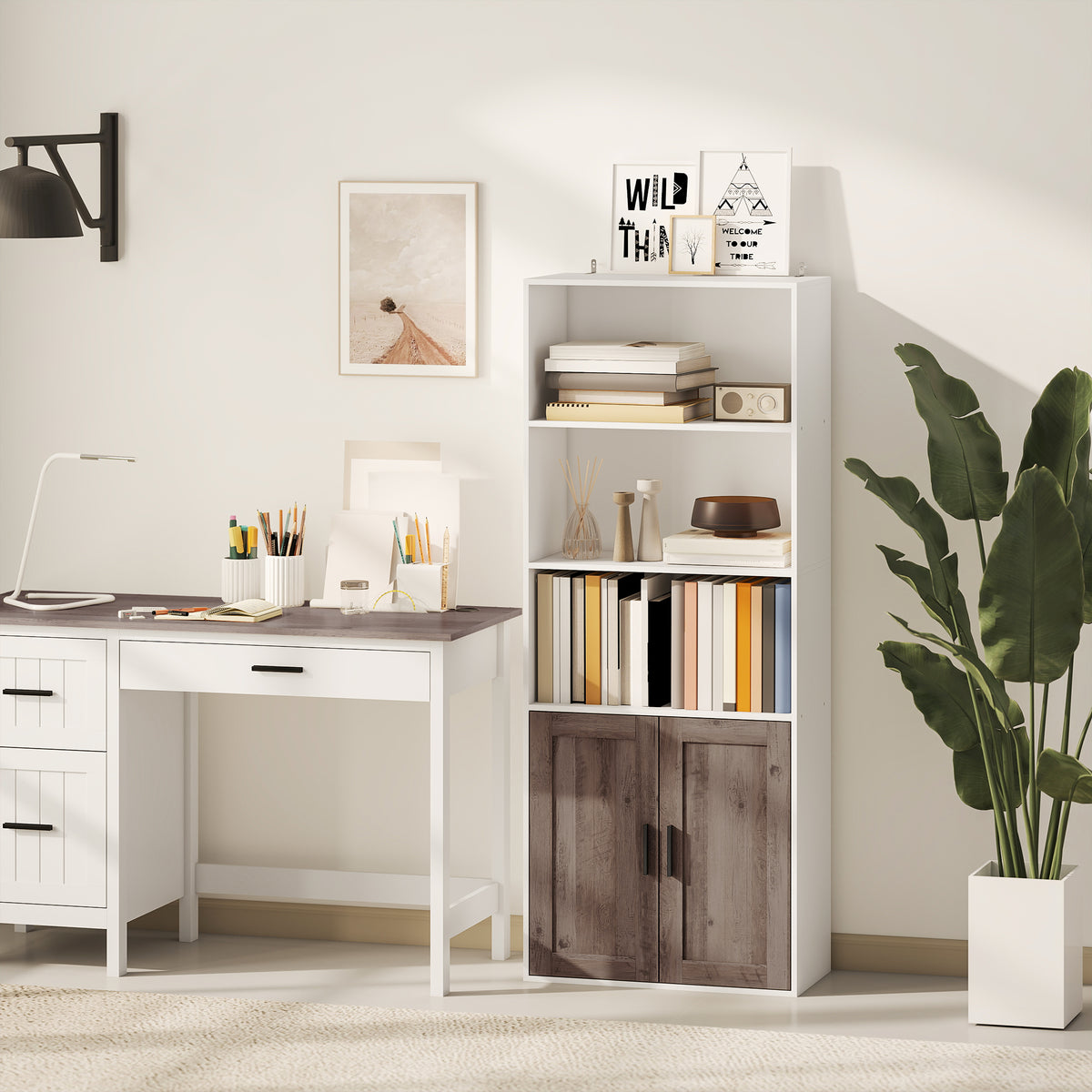 Estante para Livros Estreita Estante com Prateleiras Abertas e Armário com Prateleira Ajustável para Sala Escritório e Estúdio 60x30x149,5 cm Branco e Castanho — foto 2