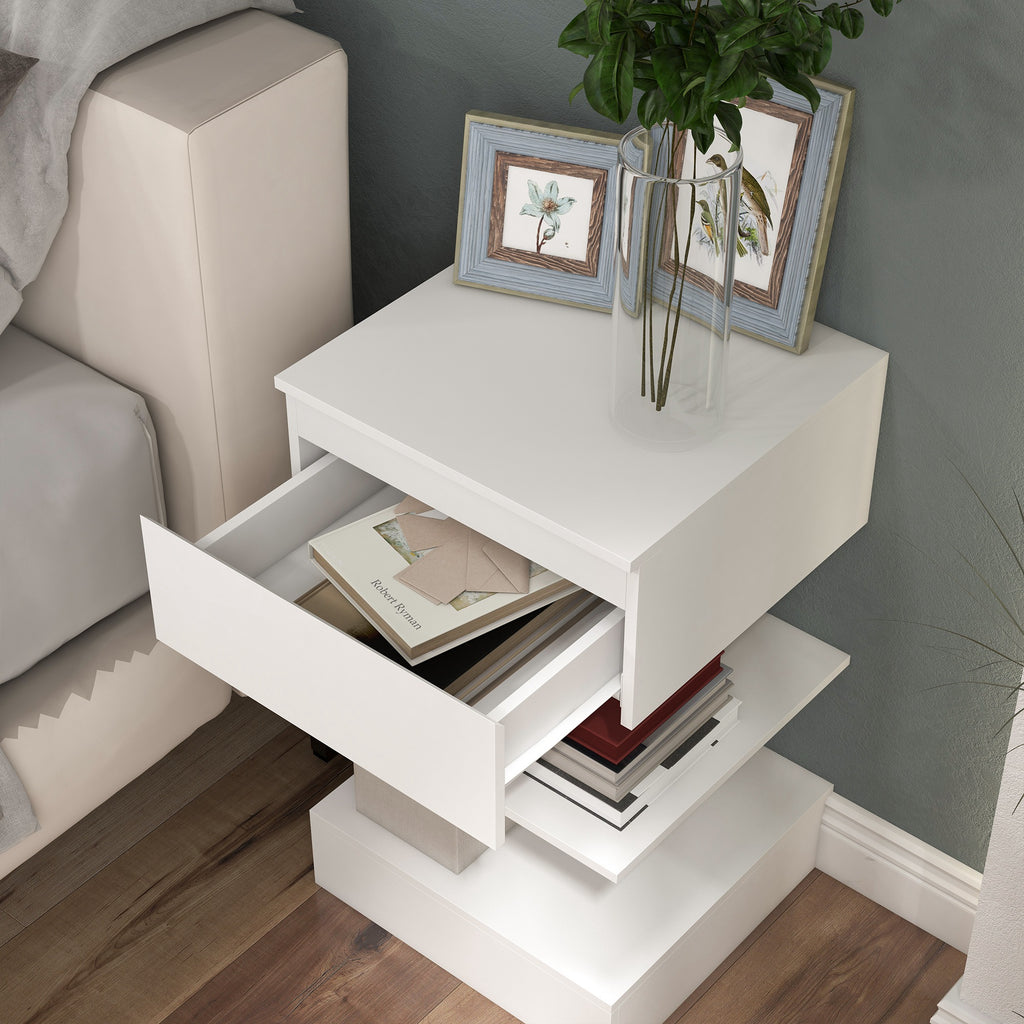 Mesa de Cabeceira Mesa Auxiliar com 1 Gaveta e 2 Prateleiras Abertas para Quarto Sala Cama Escritório Estilo Moderno 39x39x65 cm Branco — foto 8